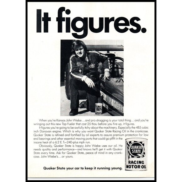 1974 Quaker State Racing Motor Oil Vintage Print Ad John Wiebe Race Car Wall Art - Picture 1 of 2